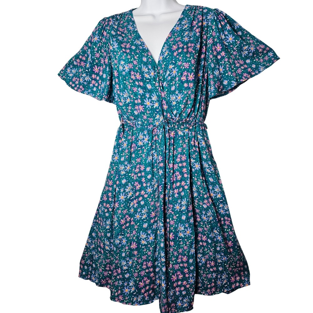 Draper James RSVP Teal Floral Wrap Flutter Sleeve Midi Dress S Cottagecore‎
